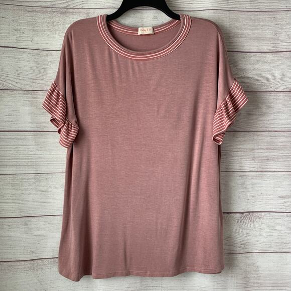 Hailey & Co Mauve Pink Short Sleeve Blouse with Striped Ruffle Cuffs Size L - Picture 1 of 12